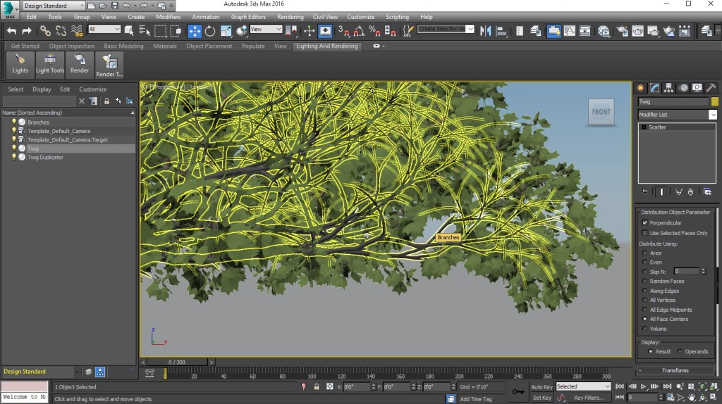 A tree grown with The Grove, exported to 3ds Max. Twigs are duplicated with the Scatter modifier.