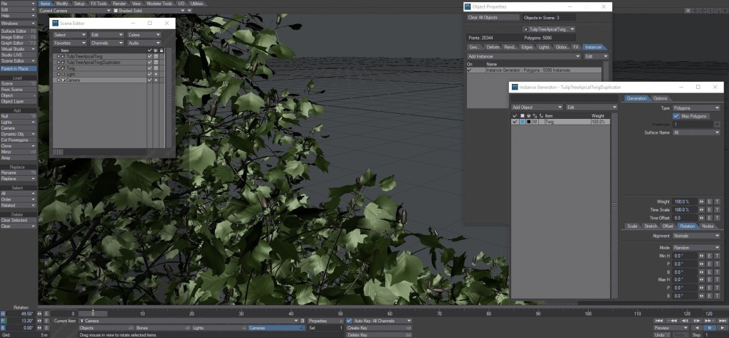 A tree grown with The Grove, exported to LightWave. Twigs are duplicated using an instance generator.